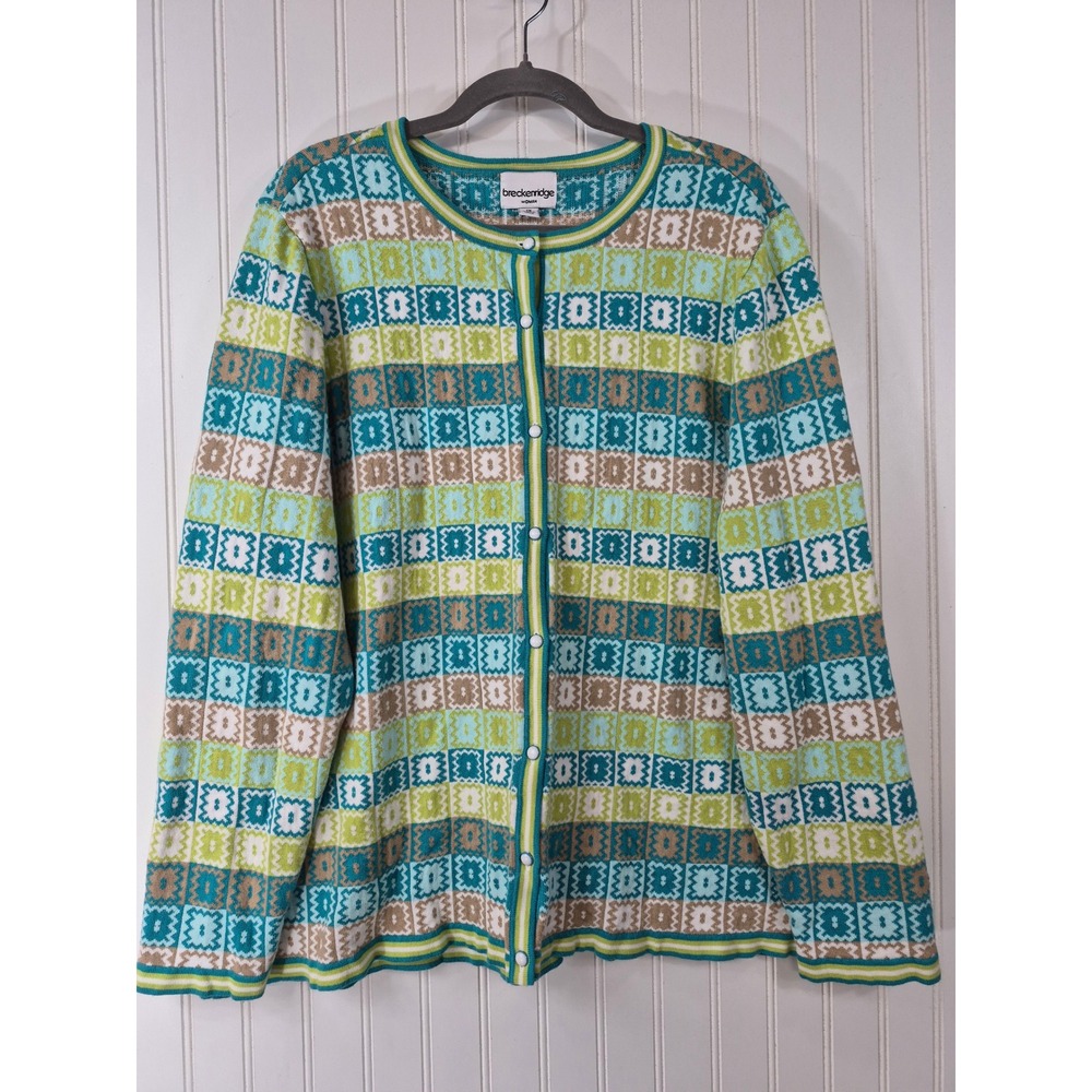 Breckenridge 2XL Teal Cardigan Sweater Geometric Knit Cotton Pearl Button Front